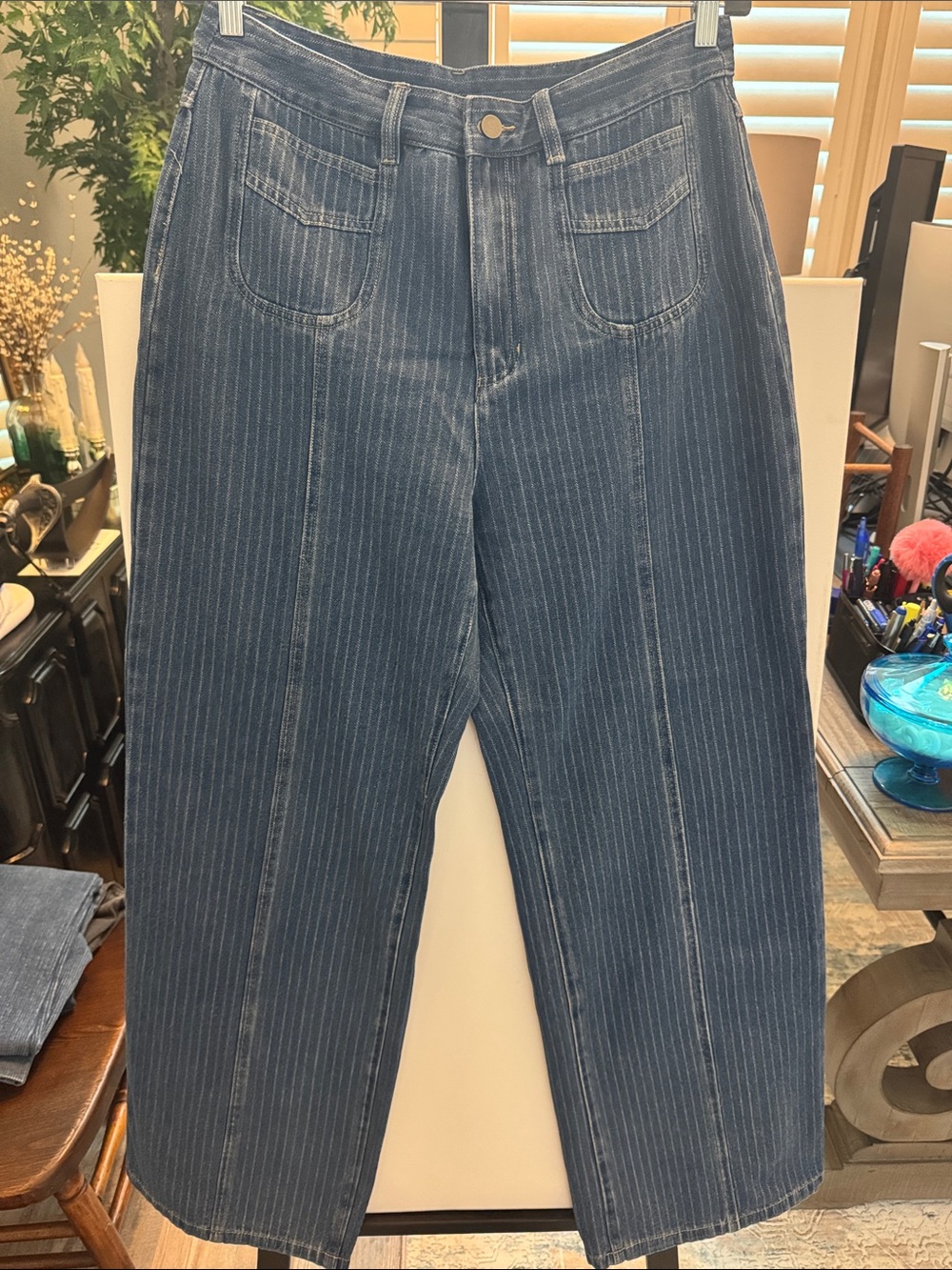 Commense Navy Denim Pinstripe Cargo Pants with front pleat
